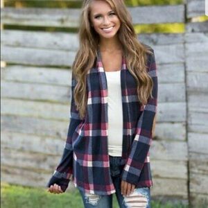 NWT Lightweight knit open front blue plaid shirt jacket faux suede elbow patches